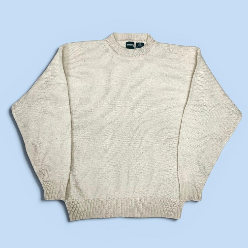 Vintage 100% Shetland Wool Crewneck Sweater Cream Ivy Style Academia Preppy L